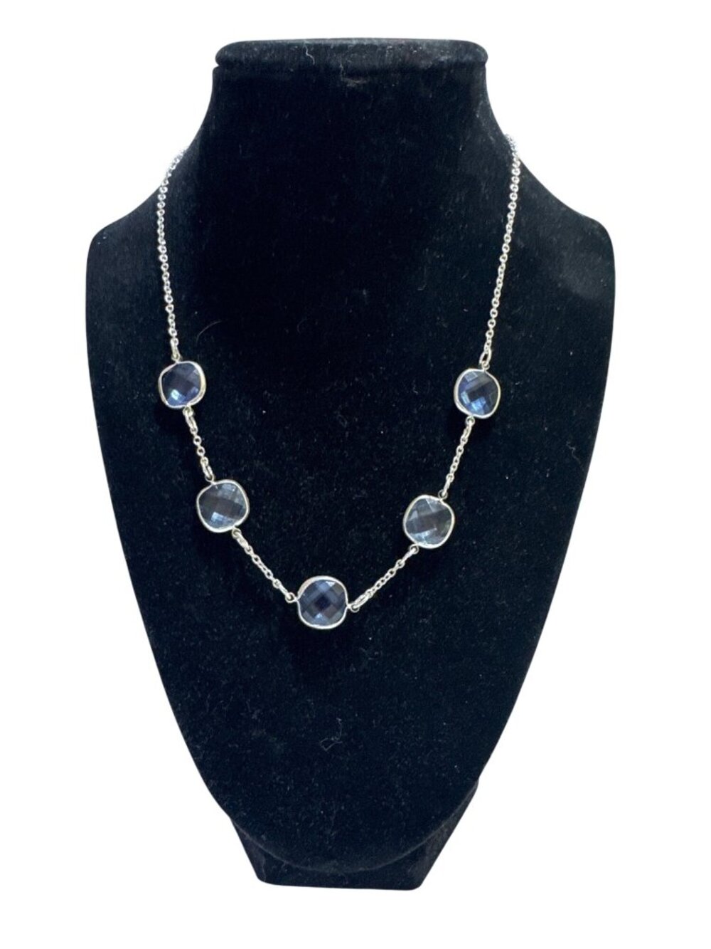 NRT Gemstone Necklace Silver Faceted Blue Stones Adjustable Chain Lobster Clasp